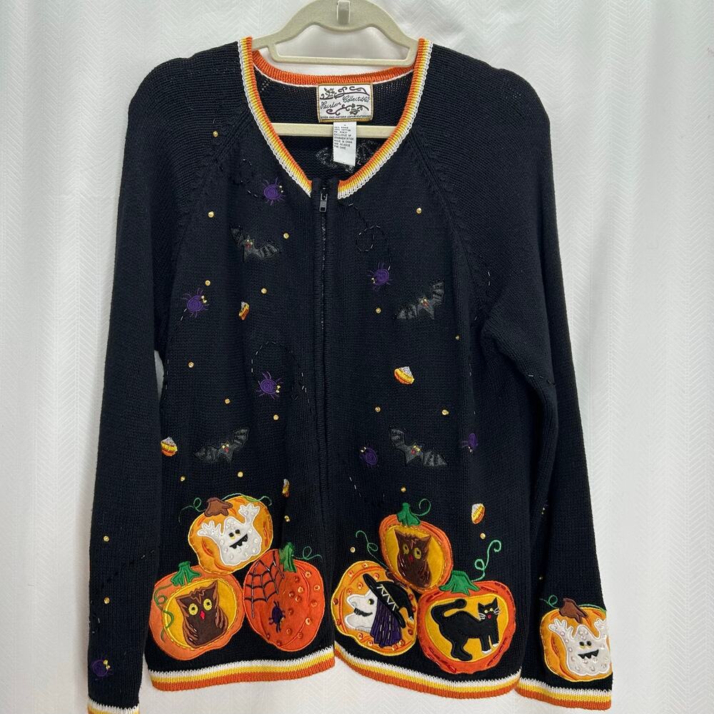 Heirloom Collectibles Halloween cardigan black beaded pumpkin owl cat ghost